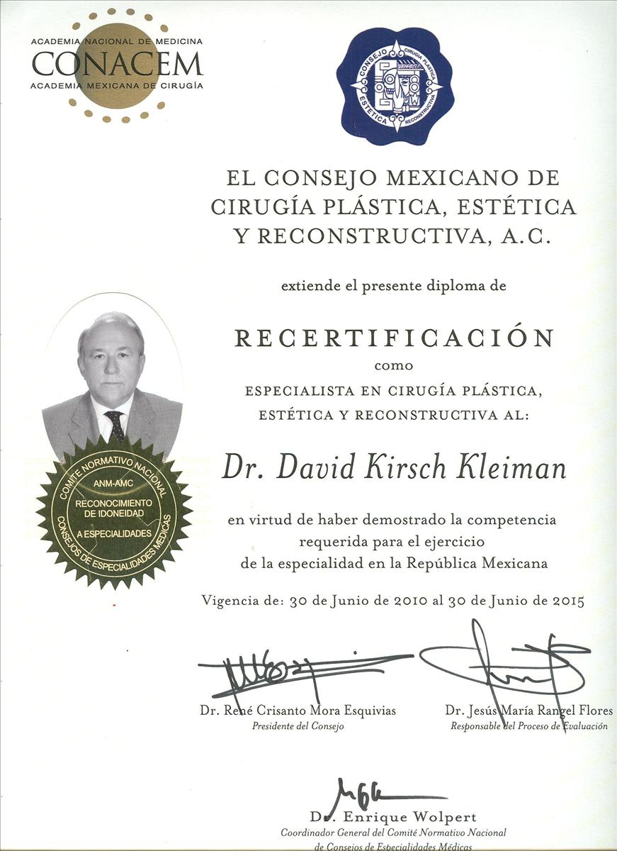 Certification - Mexican Society of Plastic Surgeons - Dr. David Kirsch